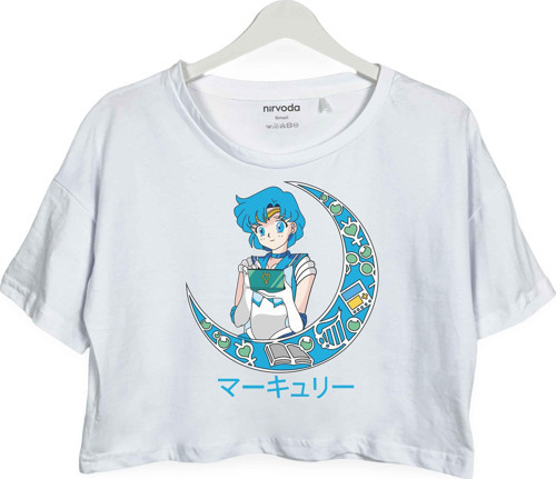 Ay Savaşçısı Merkür Sailor Moon Mercury Baskılı Oversize Crop Tişört