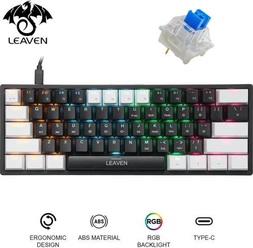 Leaven K620 Blue Switch Mekanik Gaming Oyun Klavyesi RGB 61 Key Mavi Tuş Type-C Klavye Beyaz-Siyah