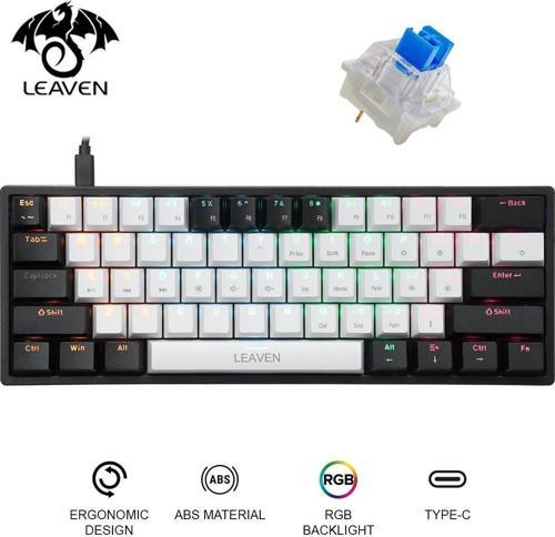 Leaven K620 Blue Switch Mekanik Gaming Oyun Klavyesi RGB 61 Key Mavi Tuş Type-C Klavye Siyah Beyaz k620