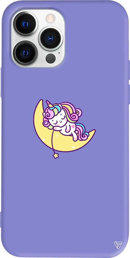 iPhone 15 Pro Uyumlu Lila Renkli Silikon Sleepy Unicorn Telefon Kılıfı