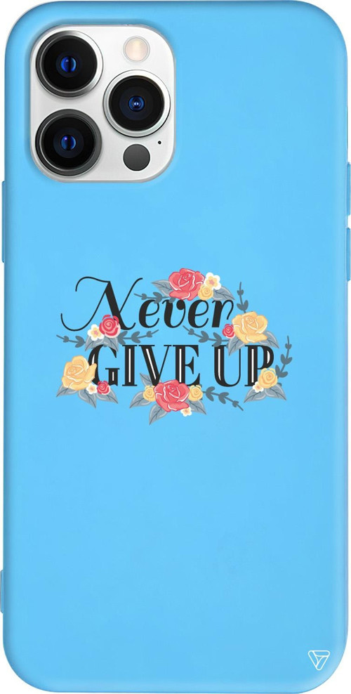 iPhone 15 Pro Uyumlu Mavi Renkli Silikon Never Give Up 2 Telefon Kılıfı