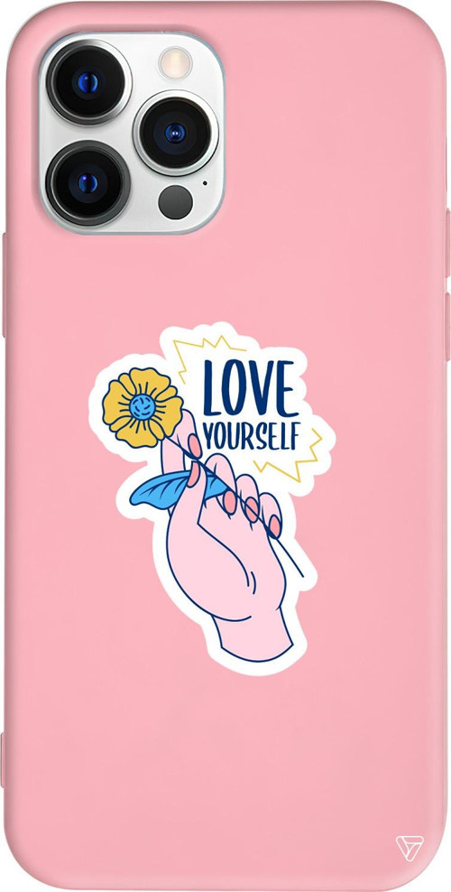 iPhone 15 Pro Uyumlu Pembe Renkli Silikon Love Yourself Telefon Kılıfı