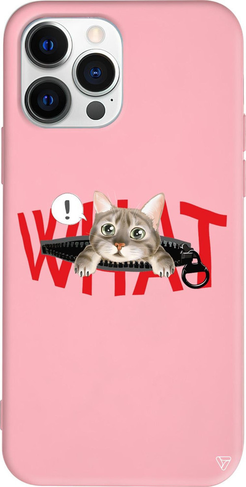 iPhone 15 Pro Uyumlu Pembe Renkli Silikon What! Kedi Telefon Kılıfı