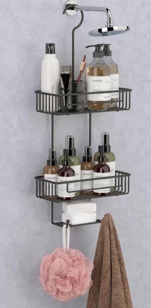 Duş Borusuna Asılabilir Kancalı İki Katlı Banyo Raf  Siyah BK-0068