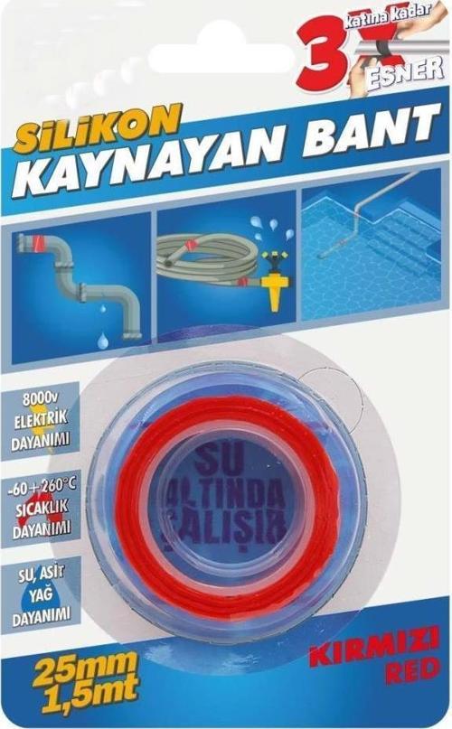 Silikon Kaynayan Çok amaçlı Bant Boru patlak Bandı 3Katına Kadar Esner Su Altında Uygulanabilir 25x1,5Mt-Kırmızı