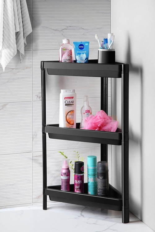 3 Katlı Köşeli Banyo Rafı Siyah Çok Amaçlı Siyah Raf Ünitesi