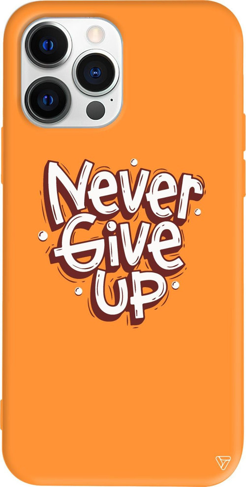 iPhone 15 Pro Uyumlu Turuncu Renkli Silikon Never Give Up Telefon Kılıfı