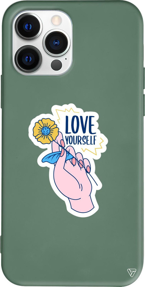 iPhone 15 Pro Uyumlu Yeşil Renkli Silikon Love Yourself Telefon Kılıfı