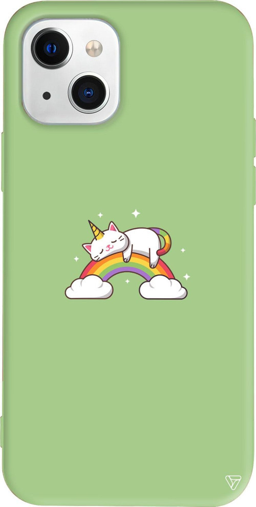 iPhone 15 Uyumlu Açık Yeşil Renkli Silikon Caticorn 2 Sticker Koleksiyonu Telefon Kılıfı