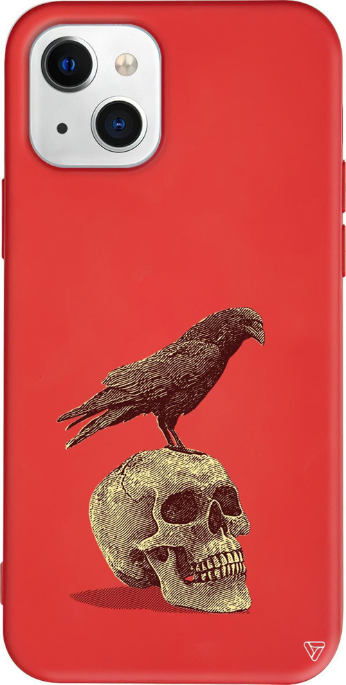 iPhone 15 Uyumlu Kırmızı Renkli Silikon Kuzgun ve Kuru Kafa Retro Koleksiyonu Telefon Kılıfı