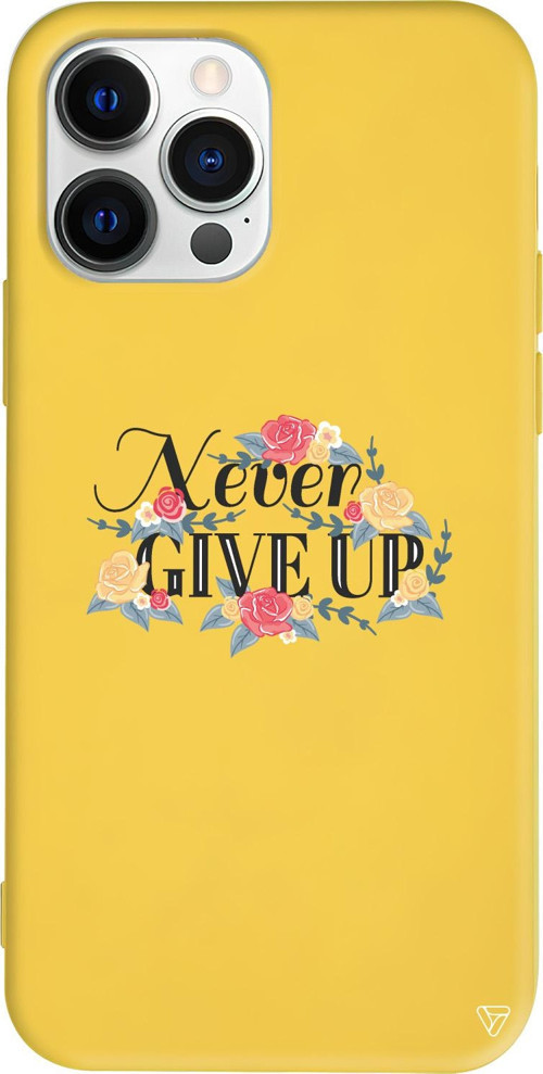 iPhone 15 Pro Uyumlu Sarı Renkli Silikon Never Give Up 2 Telefon Kılıfı