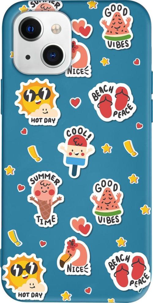 iPhone 15 Uyumlu Lacivert Renkli Silikon Summer Vibes Sticker Koleksiyonu Telefon Kılıfı