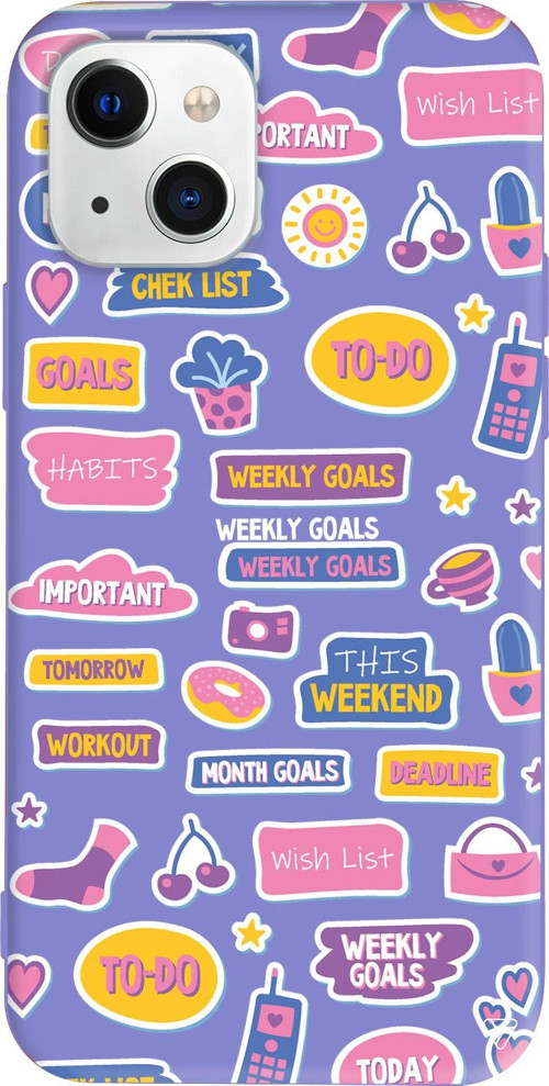 iPhone 15 Uyumlu Lila Renkli Silikon Weekly Goals Sticker Koleksiyonu Telefon Kılıfı