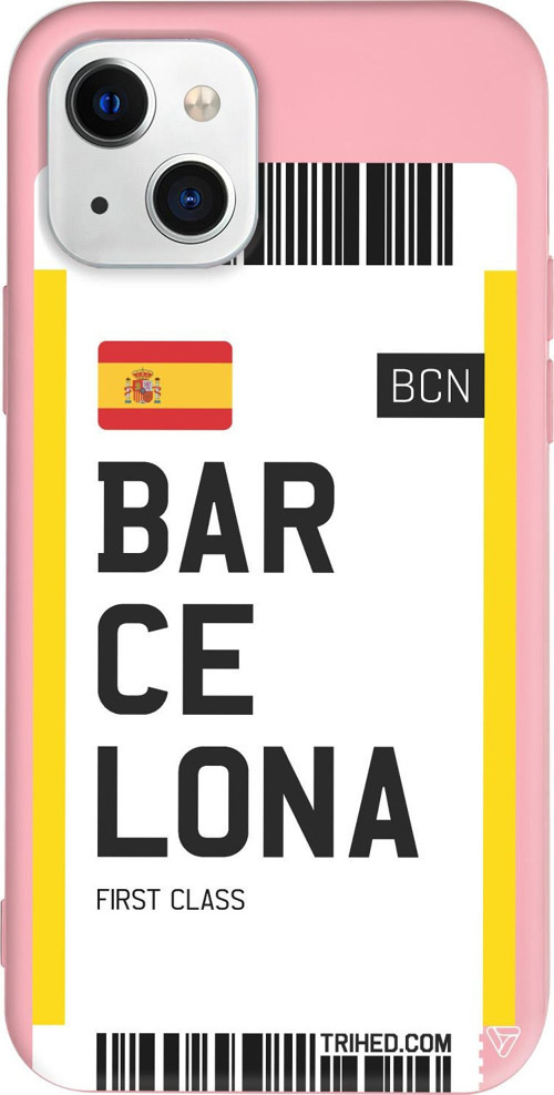 iPhone 15 Uyumlu Pembe Renkli Silikon Barcelona Bileti Travel Koleksiyonu Telefon Kılıfı
