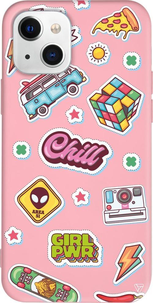 iPhone 15 Uyumlu Pembe Renkli Silikon Chill Sticker Koleksiyonu Telefon Kılıfı