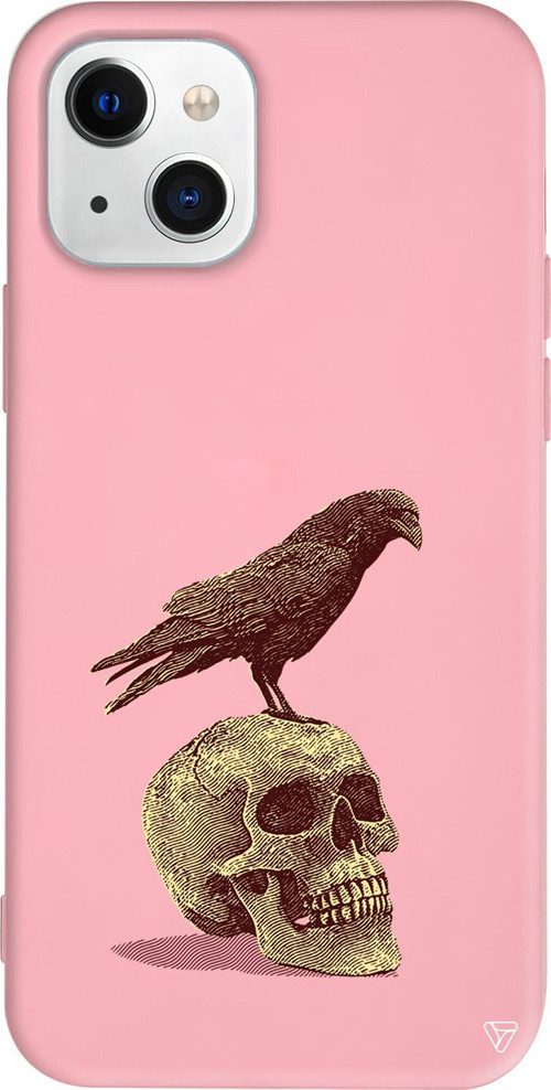 iPhone 15 Uyumlu Pembe Renkli Silikon Kuzgun ve Kuru Kafa Retro Koleksiyonu Telefon Kılıfı