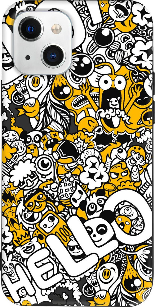 iPhone 15 Uyumlu Siyah Renkli Silikon Doodle Hello Sticker Koleksiyonu Telefon Kılıfı
