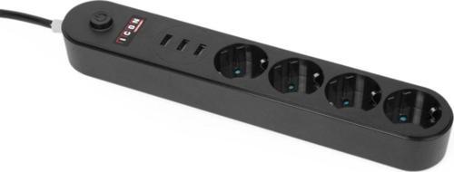 Akım Korumalı 4'Lü Priz 3 Port Usb Çoklu Grup Priz 2 Metre Kablo 10A - Siyah