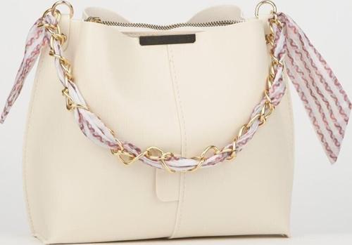 Kadın Krem Fularlı Zincir Aksesuarlı Yumuşak Deri 3 Bölmeli El Kol Ve Omuz Çantası