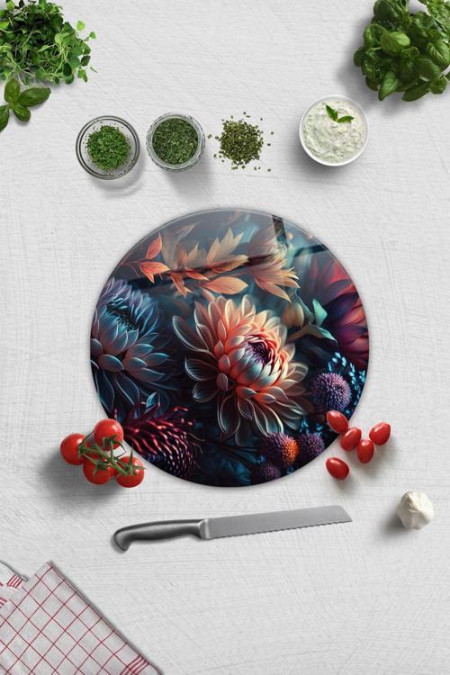 Cam Kesme Tablası - Cam Kesme Tahtası | Dark Flowers | Çap32cm
