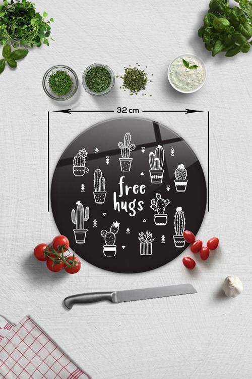 Cam Kesme Tahtası - Cam Kesme Tablası | Free Hugs - Siyah Fon | Çap32