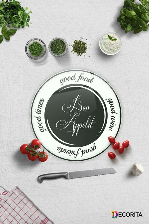 Cam Kesme Tahtası - Cam Kesme Tablası | Good Food - Siyah Fon | Çap32cm