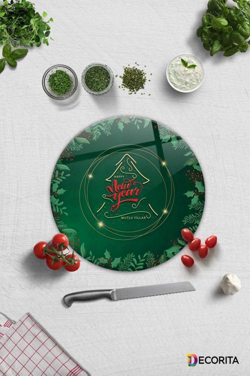 Cam Kesme Tahtası - Cam Kesme Tablası | Happy New Year - Yeşil | Çap32cm