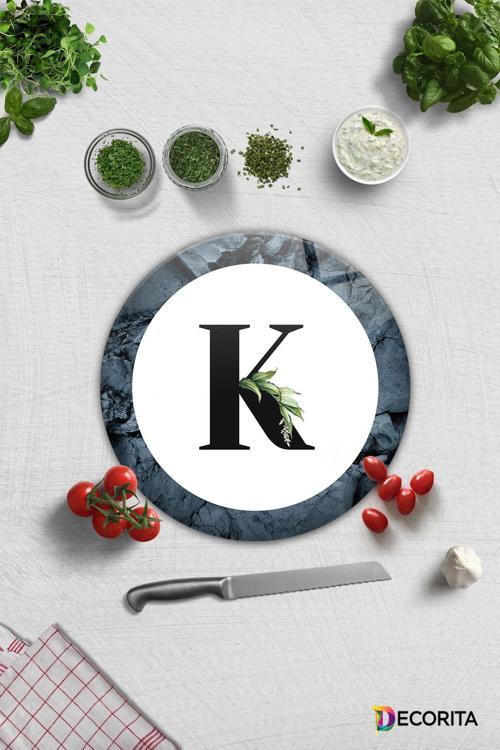 Cam Kesme Tahtası - Cam Kesme Tablası | Harfli Tasarım | K | Çap32cm