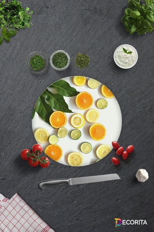Cam Kesme Tahtası - Cam Kesme Tablası | Limon Desenli | Çap32cm