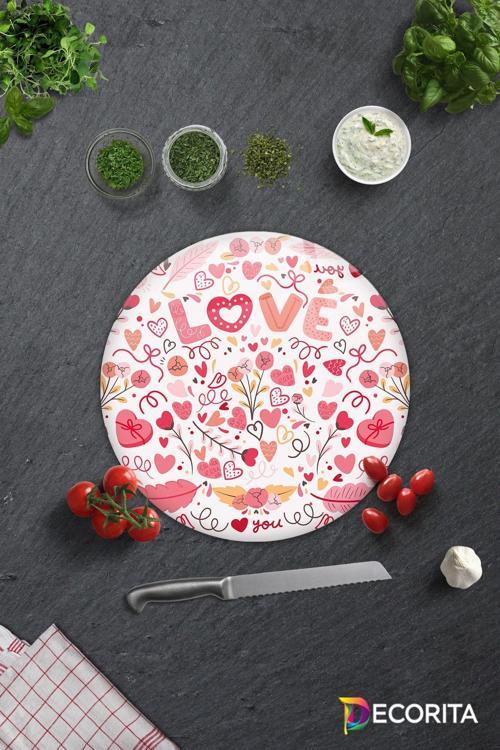 Cam Kesme Tahtası - Cam Kesme Tablası | Love - Renkli | Çap32cm
