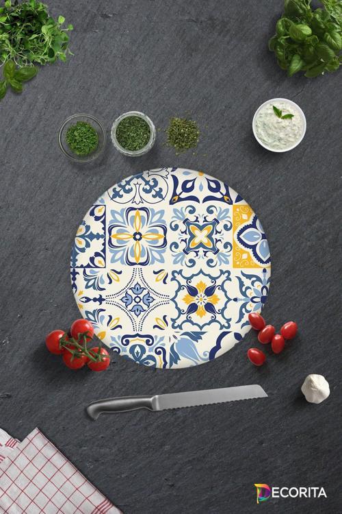 Cam Kesme Tahtası - Cam Kesme Tablası | Mavi Çini Desen | Çap32cm