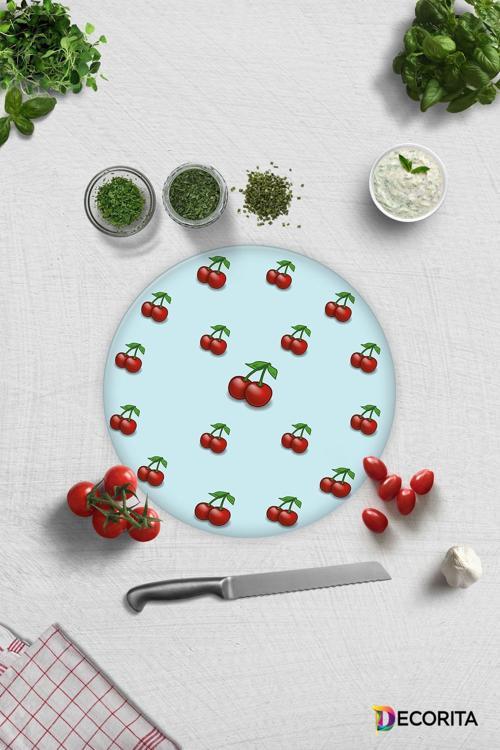 Cam Kesme Tahtası - Cam Kesme Tablası | Mavi Dokulu Kiraz Desenli | Çap32cm