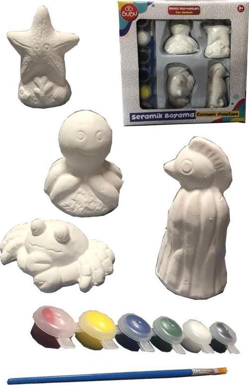 Seramik Deniz Hayvanları Boyama Seti 1 Paket Deniz Hayvanları Boyama Etkinliği Alçı 6 Renk Boya ve Fırça
