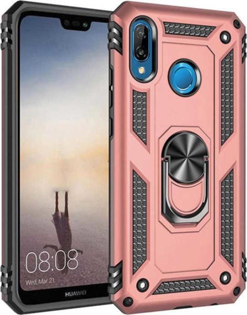 Huawei P20 Lite Kapak Military Yüzüklü Stantlı Panzer Tank Kılıf - Rose Gold