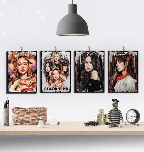 Black Pink Temalı 4 Parçalı Ahşap Tablo Seti : 21x30cm