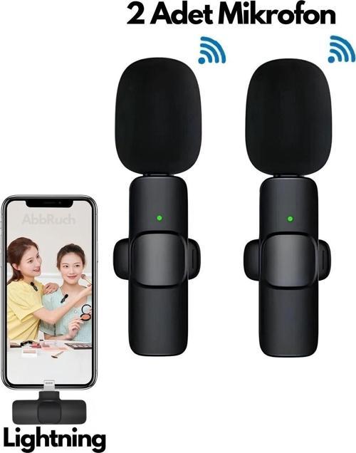 Kablosuz Yaka Mikrofonu Lightning 2 Adet Mini Mikrofon Youtube/Tiktok/Reels/Podcast Çekim Mikrofonu