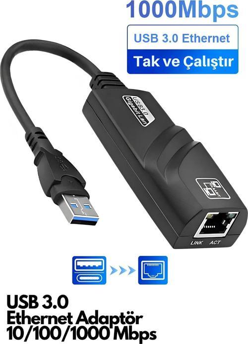 Usb 3.0 Ethernet Adaptör Çevirici Dönüştürücü Gigabit Destekli Yüksek Hızlı 10/100/1000 Mbps