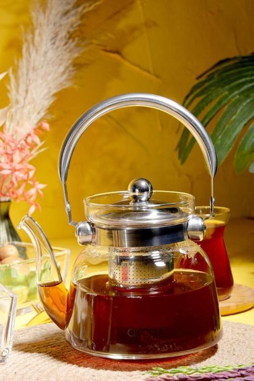 TR-1660 Çelik Saplı Çelik Süzgeç Borosilikat Cam Demlik-800 Ml