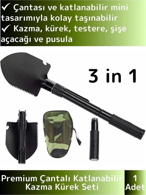 Özel Tasarım Portatif Kamp Deprem Taşınabilir Pusulalı Çantalı Katlanabilir Mini Kazma Kürek Seti