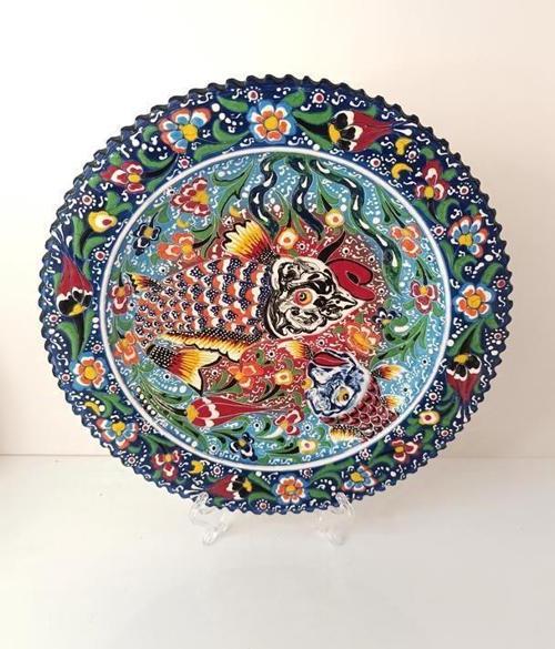 Çini El Yapımı Kabartma Etnik Balık Desen Seramik Çini Tabak 30 cm