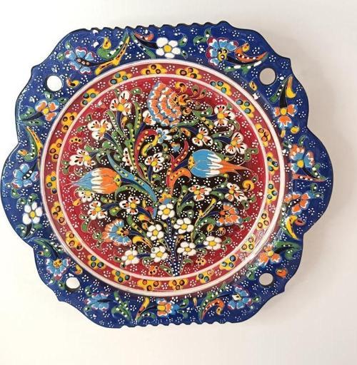 Çini El Yapımı Kabartma Etnik Çiçek Lale Desen Seramik Çini Tabak 30 cm