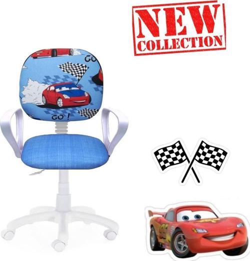 Çocuk Odası Ders Çalışma Ofis Koltuğu Öğrenci Sandalyesi Araba Desen Beyaz Tekerli Yükseklik Ayarı