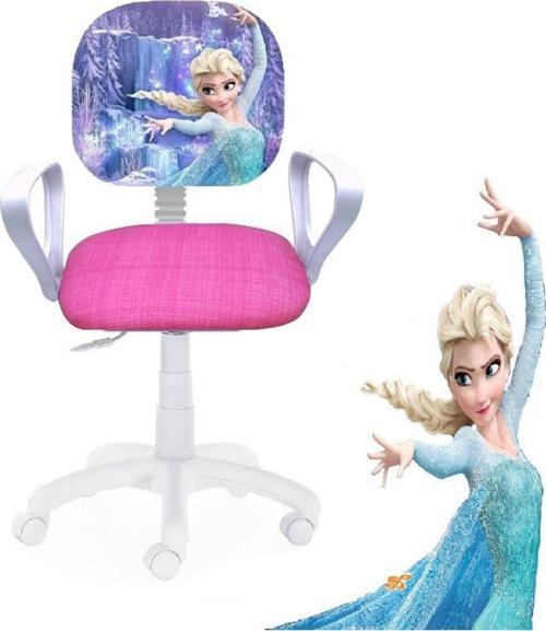 Çocuk Odası Ders Çalışma Ofis Koltuğu Öğrenci Sandalyesi Frozen Desen Beyaz Tekerlekli Yüksek Ayarlı