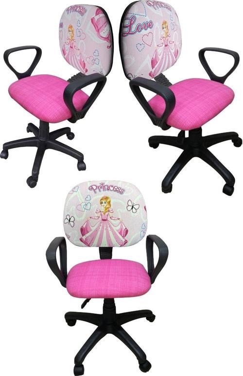 Çocuk Odası Ders Çalışma Ofis Koltuğu Sindirella Prenses Desenli Çocuk Sandalyesi Pembe