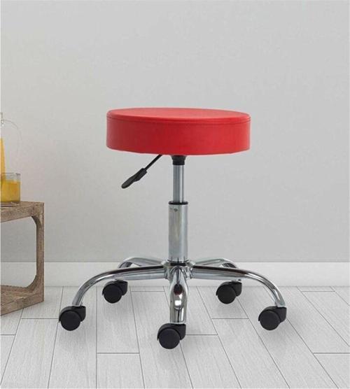 Krom Ayaklı Ofis Kasiyer Taburesi 360 Derece Tekerlekli Deri Döşeme Eczane Laboratuvar Kırmızı