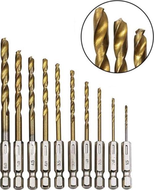 Hss Çelik Titanyum Kaplı Matkap Uç Seti 10 Parça Altıgen Saplı 1/4 Hex Ahşap Metal Uç Takımı