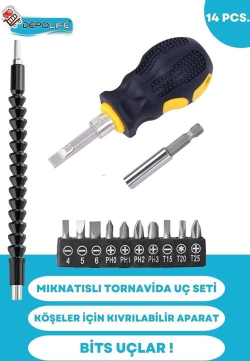 Tornavida Uç Seti Mıknatıslı Uzatma Köşe Kör Vidalama Esnek Hortum Altıgen Bits Körüklü Bükülebilir