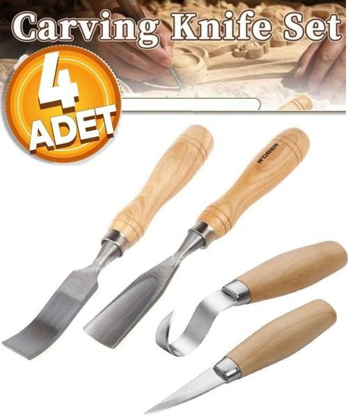 Ahşap Oyma Iskarpela Alet Seti Kaşık Heykel Kuksa Oval Düz Oyma Yontma Kıvrık Bıçak 4 Lü