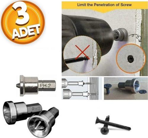 Alçıpan Vidalama Matkap Ucu Ph2 X25 S2 Çeliği Şapkalı Sınırlayıcı Bits Ucu 3 Adet Stoplu