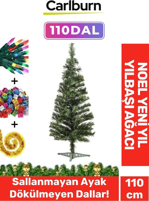 Kutulu Süsleme Seti Yılbaşı Çam Ağacı Renkli Işığı Yeni Yıl 2025 Süsleri Noel Paketi 110 Cm 110 Dal